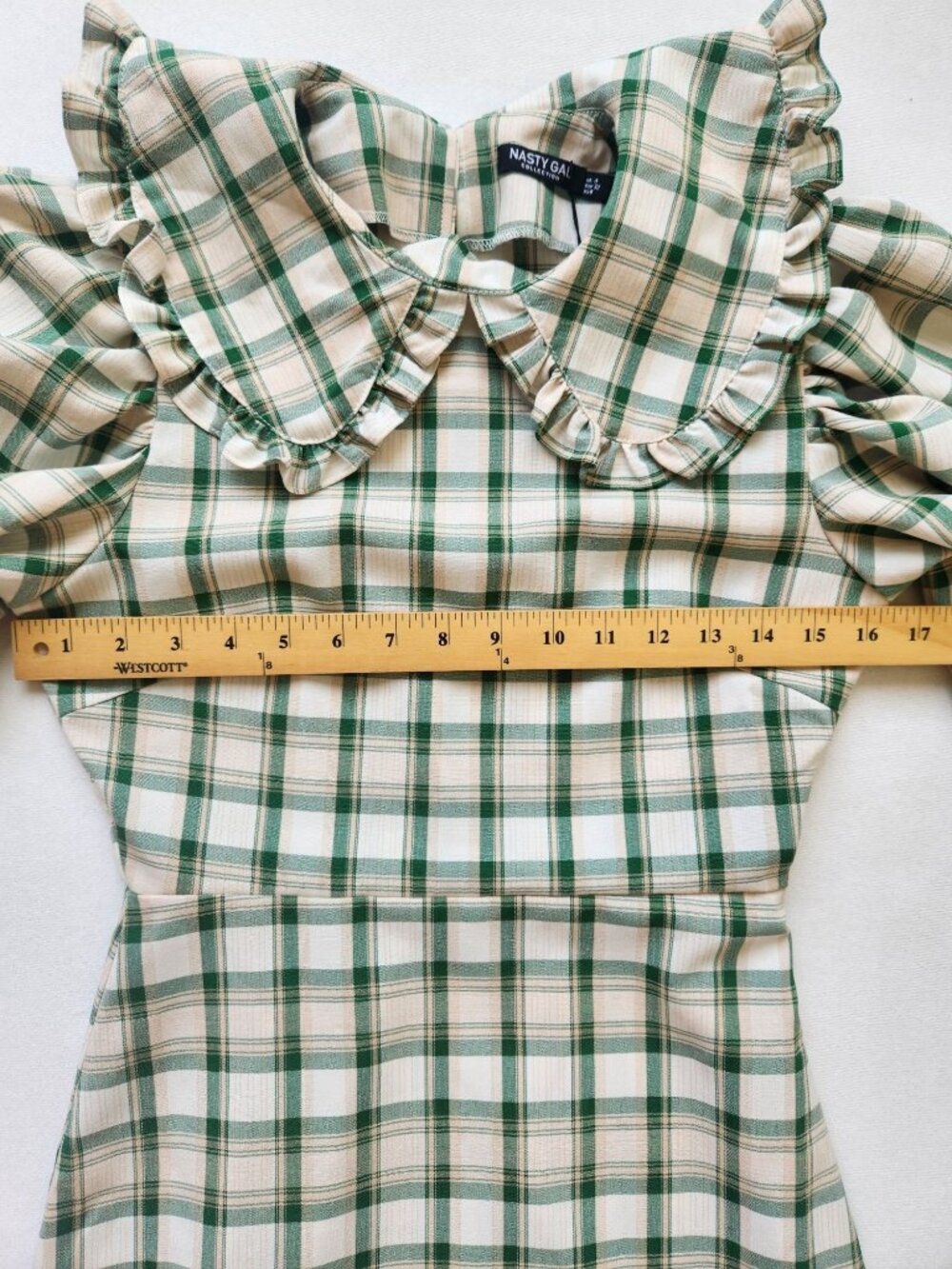 Nasty Gal Plaid Check Mini Dress Green Cream Ruffled Coquette Romantic Cottage - Picture 9 of 11
